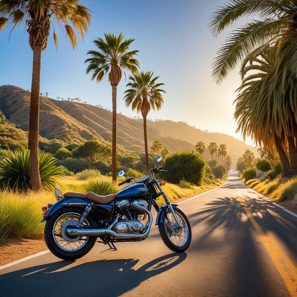 A scenic California landscape featuring a motorcycle and a bicycle parked next to each other under a sunny blue sky. In the background, depict iconic Californian elements like palm trees and rolling hills. Add visual representations of insurance elements, such as shield icons or paperwork, subtly integrated into the scenery to symbolize protection. The overall feel should evoke adventure and freedom while emphasizing safety and security. vibrant colors. super-realistic.