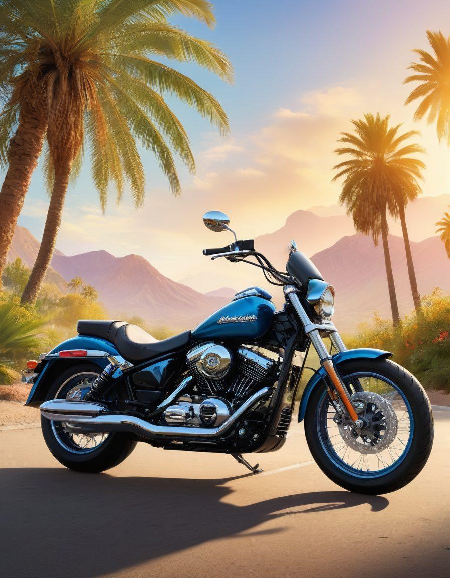 A vibrant illustration featuring a motorcycle and a bicycle side by side, both adorned with colorful insurance shields symbolizing protection. The background showcases a stunning California landscape with palm trees and sunny skies, while the foreground includes text highlighting 'Protect Your Ride!' in bold, engaging typography. The overall atmosphere should feel energetic and inviting to potential readers. vibrant colors. super-realistic.