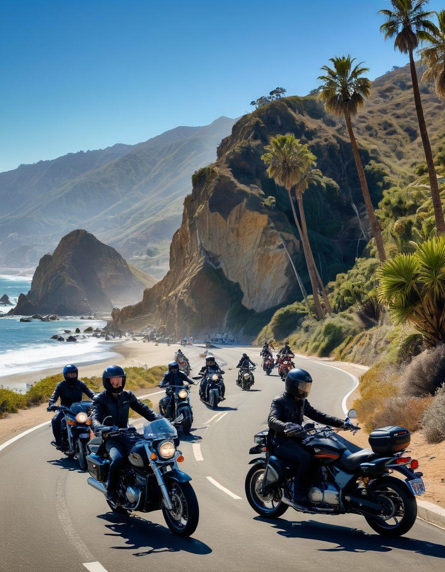 A dynamic scene featuring a diverse group of motorcyclists navigating a picturesque California coast, showcasing various two-wheelers like motorcycles and scooters. The background depicts palm trees, coastal cliffs, and a clear blue sky, symbolizing freedom and adventure. Include subtle icons representing different insurance options like coverage documents and safety gear around the riders for an informative touch. The image should evoke a sense of excitement and exploration. super-realistic. vibrant colors. sunny atmosphere.
